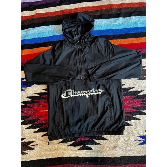 Champion Other - Champion Lightweight Black Hooded Windbreaker w/ Logo mens Large